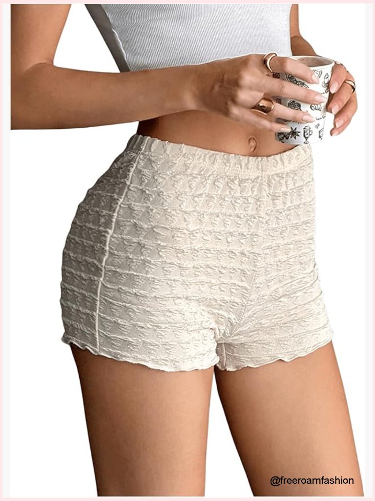 Y2k Textured Micro Shorts Elastic Waist Mini Lettuce Trim